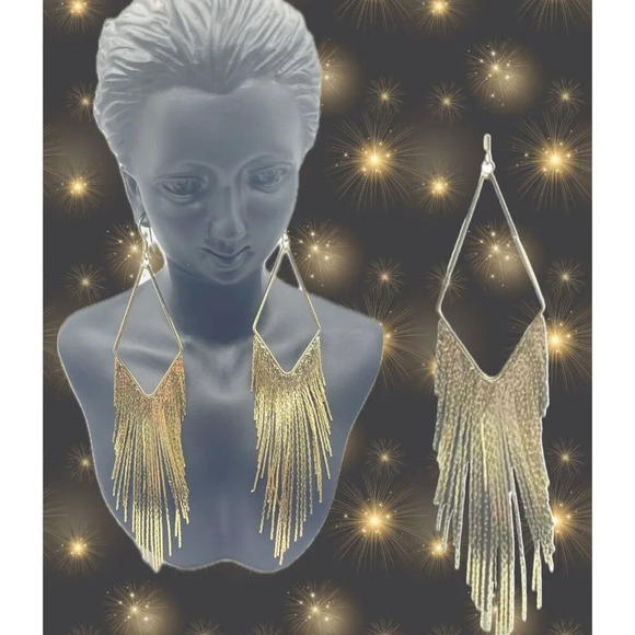 Roaman's Gold- Tone Diamond Shaped Cascading Graduated Fringe Dangle Earrings - Picture 1 of 3